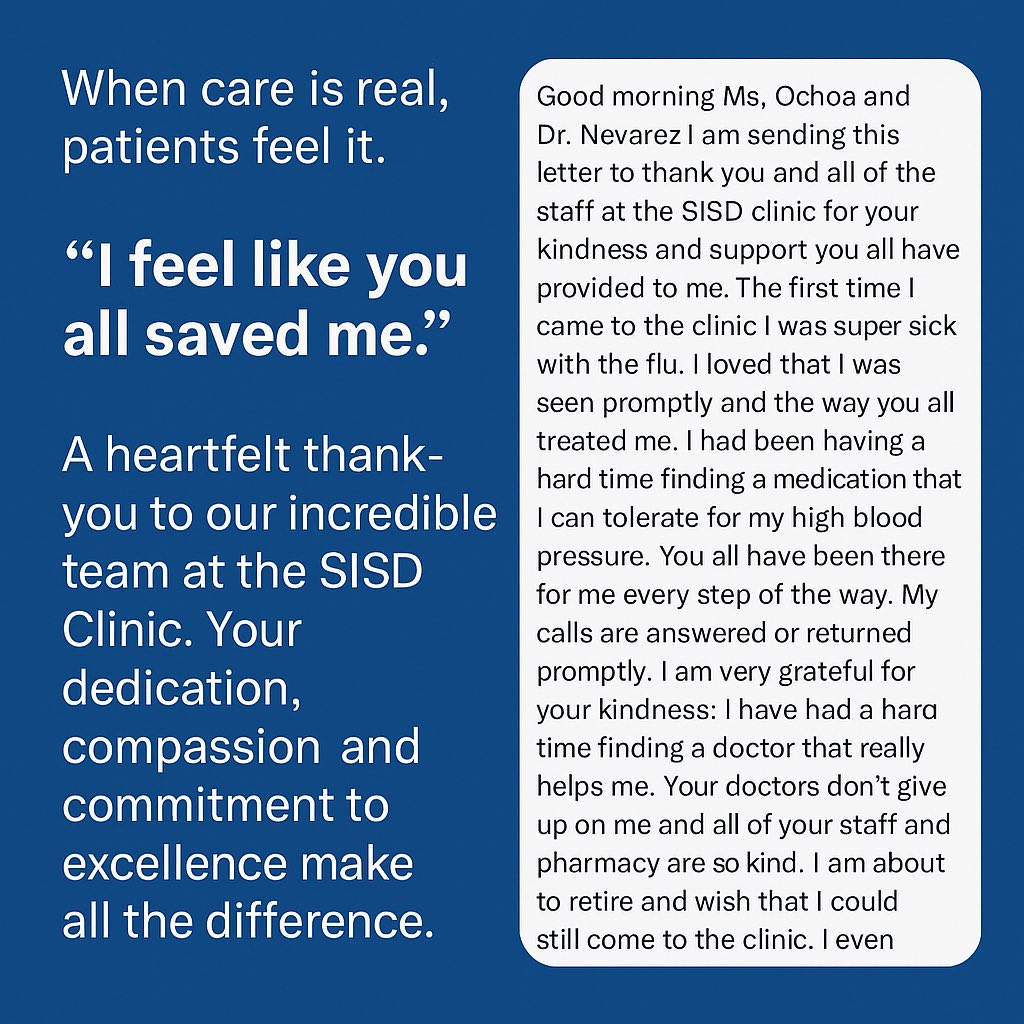 SISD Employee Health Clinic (@sisdclinic) on Twitter photo When care is real, patients feel it.
“I feel like you all saved me.”
A heartfelt thank-you to our incredible team at the SISD Clinic. Your dedication, compassion, and commitment to excellence make all the difference.
#TeamSISD #SocorroISD <a href="/SocorroISD/">Socorro ISD</a> #healthcarewithheart When care is real, patients feel it.
“I feel like you all saved me.”
A heartfelt thank-you to our incredible team at the SISD Clinic. Your dedication, compassion, and commitment to excellence make all the difference.
#TeamSISD #SocorroISD <a href="/SocorroISD/">Socorro ISD</a> #healthcarewithheart