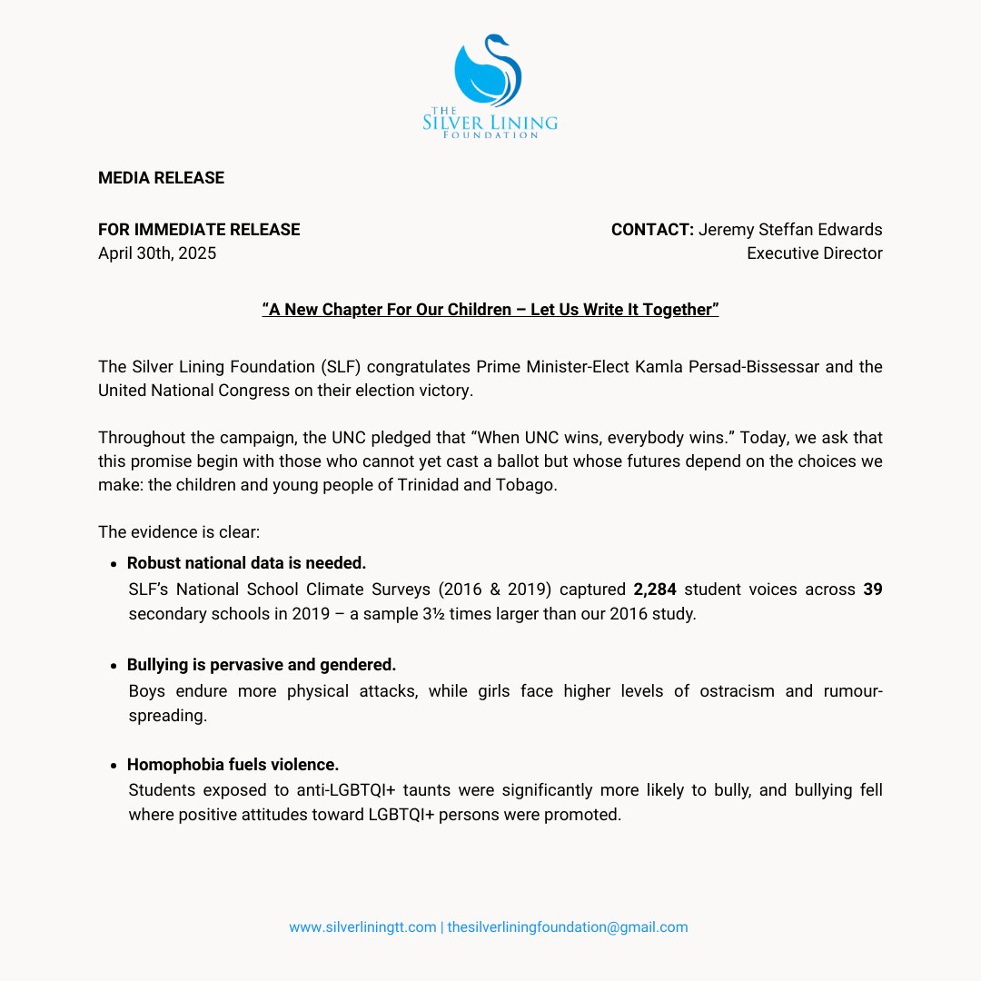 slftt's tweet image. 🚨 𝐌𝐄𝐃𝐈𝐀 𝐑𝐄𝐋𝐄𝐀𝐒𝐄 🚨

We urge the new government to make schools safer, kinder &amp;amp; more inclusive and stand ready to work collaborate, turning evidence into action.

🔗 Full statement here: silverliningtt.com/put-children-f…

#SLFTT #SaferSchools