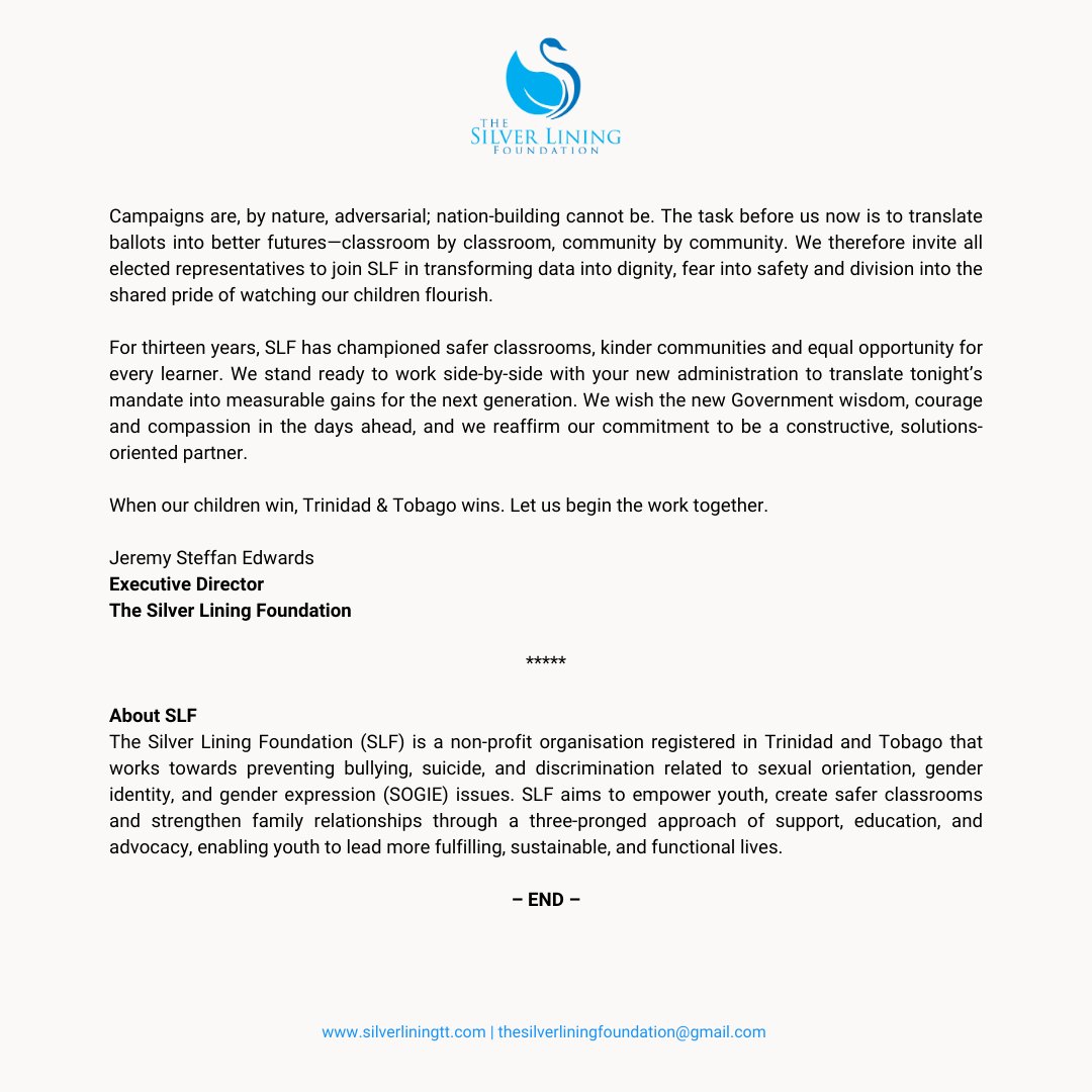 slftt's tweet image. 🚨 𝐌𝐄𝐃𝐈𝐀 𝐑𝐄𝐋𝐄𝐀𝐒𝐄 🚨

We urge the new government to make schools safer, kinder &amp;amp; more inclusive and stand ready to work collaborate, turning evidence into action.

🔗 Full statement here: silverliningtt.com/put-children-f…

#SLFTT #SaferSchools