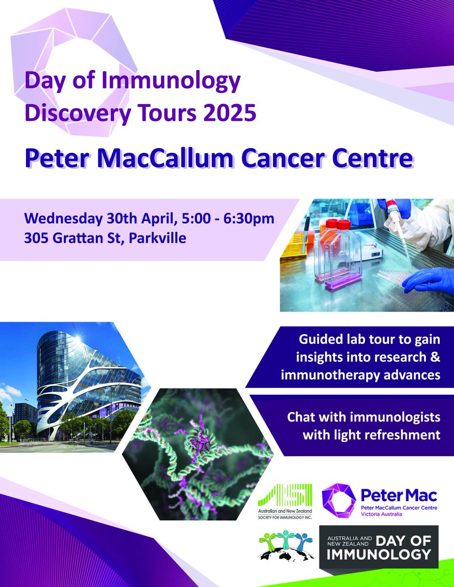 Australian and New Zealand Society for Immunology (@asimmunology) on Twitter photo 📢 The Peter MacCallum Cancer Centre is opening its door to the public today from 5-6:30pm. #DayOfImmunology
🔬 Let’s get BTS of cancer immunology and immunotherapy research. Details at bit.ly/4jwFTWG
<a href="/PeterMacCC/">Peter Mac Cancer Centre</a> <a href="/PeterMacRes/">Peter Mac Research</a> <a href="/DayofImmunology/">Day of Immunology</a> #ASImmunology 📢 The Peter MacCallum Cancer Centre is opening its door to the public today from 5-6:30pm. #DayOfImmunology
🔬 Let’s get BTS of cancer immunology and immunotherapy research. Details at bit.ly/4jwFTWG
<a href="/PeterMacCC/">Peter Mac Cancer Centre</a> <a href="/PeterMacRes/">Peter Mac Research</a> <a href="/DayofImmunology/">Day of Immunology</a> #ASImmunology
