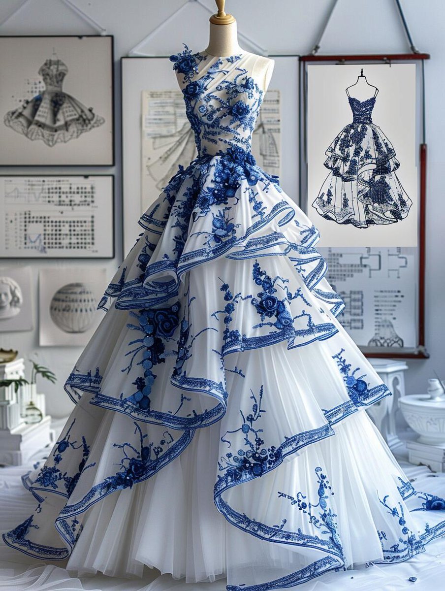 Arisu7Yu's tweet photo. "Flower Rhythm" symbolizes the delicate floral and leaf patterns on the dress, and also implies the elegance and romance brought by these patterns; "Blue Language" refers to the unique story told by the blue flowers on a white background. So beautiful~Love it~📷 https://t.co/HiZ5RfJc7a
