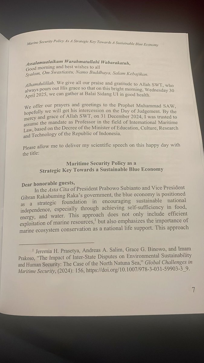 “Maritime Security Policy as Strategic Key Towards Sustainable Blue Economy” one of a speech in inauguration of professors in Universitas Indonesia.