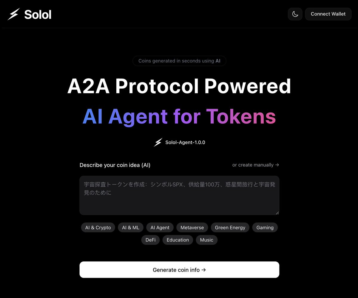 SololFun's tweet photo. 😍Solol: Redefining Tokenization with AI Agents

Solol is an advanced AI Agent developed for multi-chain tokenization, built on the innovative A2A (Agent to Agent) protocol. This protocol facilitates seamless, autonomous communication and collaboration between intelligent agents, transforming the Web3 landscape.

With Solol, developers and creators can:  

🔹Describe and launch tokens instantly across major blockchain networks.

🔹Utilize a fully autonomous agent system to manage complex token operations.

🔹Experience unmatched efficiency, precision, and scalability in token creation and management.

Powered by cutting-edge AI and decentralized protocols, Solol makes tokenization effortless and accessible while ensuring robust security and interoperability.

Innovate. Automate. Scale. Discover the future of tokenization with Solol.

#AIAgent #Solana #Web3AI #Blockchain #SololFun #Solol #AI #BNBChain