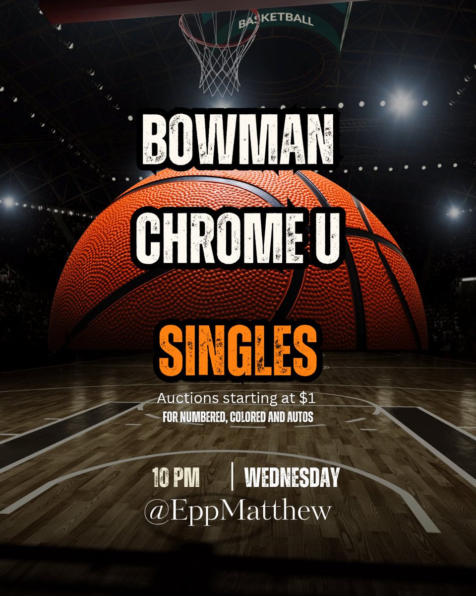 MTEpperson's tweet image. LIVE Whatnot Stream – Wednesday @ 10PM EST!
I’m running a 🔥 Bowman Chrome University Basketball singles stream on Whatnot
Color, autos, and top prospects
Big college hoops energy!
Don’t miss it — follow me now and come hang out!
whatnot.com/s/479kXRLH