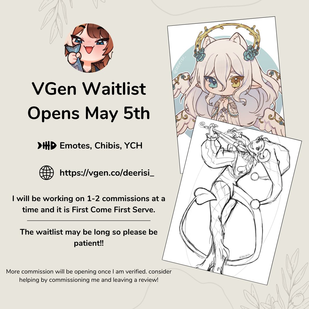 OFFICIAL VGEN ANNOUNCEMENT 🐟
----
My VGen Waitlist will be open for ALL COMM TYPES on May 5th!

I want to thank you all for helping me with the setup whether it was submitting an OC for examples or reposting my work

Get Notified : vgen.co/deerisi_

❤️+🔁 appreciated!