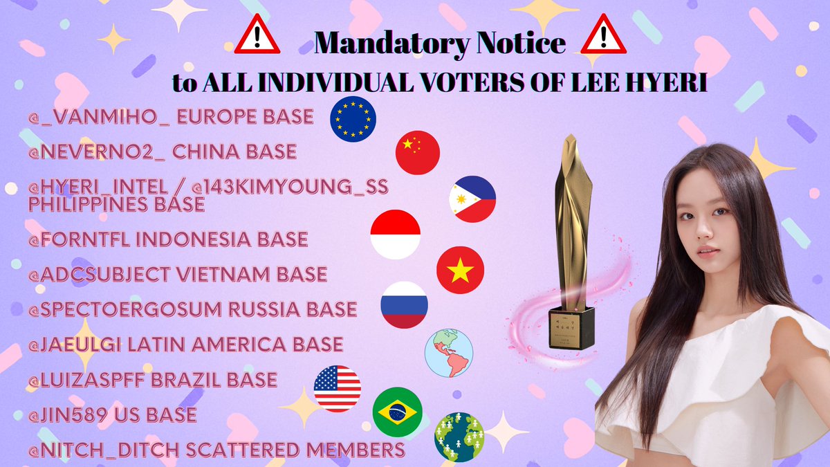📢 MANDATORY NOTICE TO ALL #LeeHyeri INDIVIDUAL VOTERS 🚨

If you are currently voting independently and are not part of any group chat (GC), we strongly urge you to join one immediately. This is of absolutely crucial importance.

Locate the admin for your country/area from the