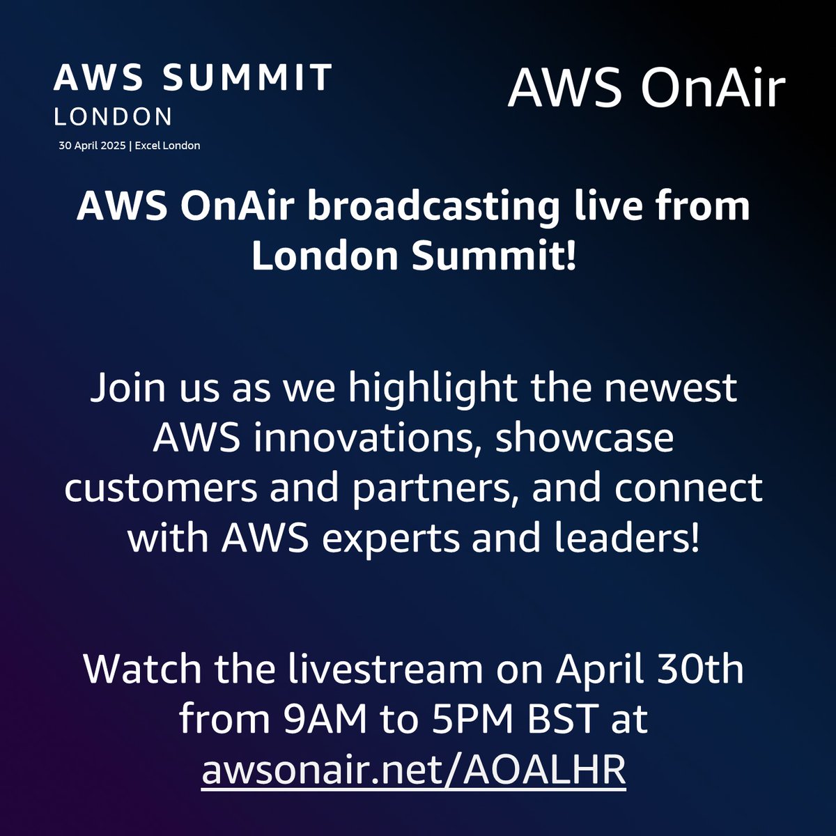 Come see AWS OnAir go international at London Summit 👉 awsonair.net/AOALHR

This show is going to be filled with action-packed segments showing the latest happenings at AWS!  Come watch the show at 9 AM BST.

#AWSOnAir #EKS #devops