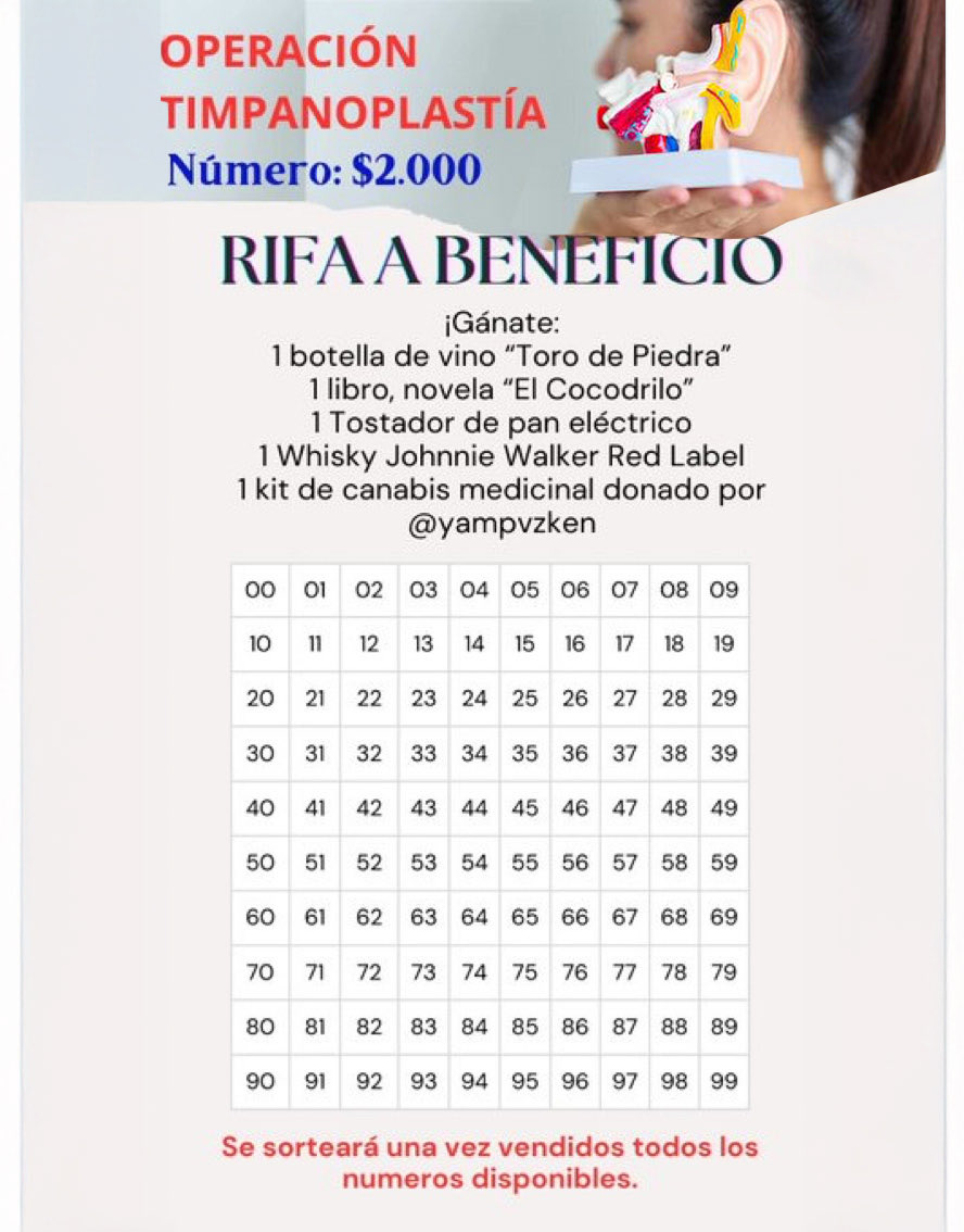 Rifa a beneficio para operación de Timpanoplastía.
Contacta a <a href="/Andrea__ctm/">Clau🌷💚🅰️</a> que es la madre de su hija a operar, para comprar un número.
Meta de dinero a juntar es de $3.338.037.

Atentos a difundir <a href="/aquiradiomoscu/">Tiempos Convulsos 🍉</a> <a href="/BloqueAntifa/">BloqueAntifa☭🇵🇸</a> <a href="/marcoporchile/">Marco Enríquez-Ominami</a> <a href="/YoMarcoEnriquez/">Yo Apoyo a Marco Enriquez-Ominami ✊</a> <a href="/FernandoLealA/">Fernando Leal</a>