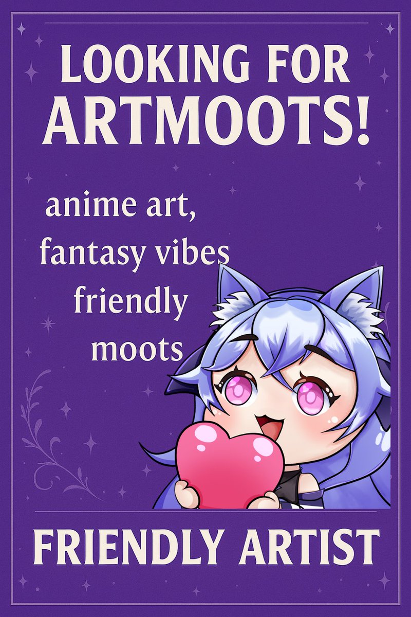 🎨✨ Looking for art moots! ✨🎨
Anime art, fantasy vibes, fluffy characters 💜
Let's be moots if you love OCs, cozy art, and spreading good vibes 🌸
RT to help~ 💖
#artmooots #artistsonX #artmutuals #artistontwitter