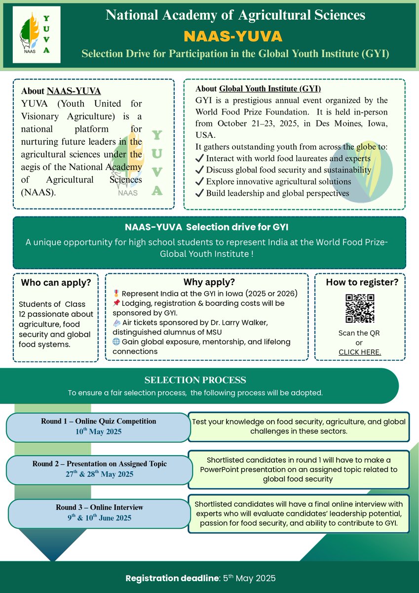 NaasYuva's tweet photo. Ready to represent India at the prestigious GYI by the World Food Prize Foundation? NAAS-YUVA invites passionate Class 12 students to apply now!

📷 Registration Link - https://t.co/gafxqYX11E https://t.co/8gmsfXGzp5
