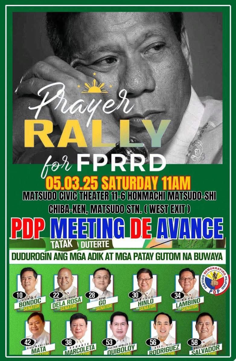 PHNews01's tweet photo. Prayer Rally for #Duterte
& PDP #Japan Meeting De Avance
Everyone is invited to a gathering of unity, prayer & Meeting de Avance!
Date: May 3, 2025
Time: 11:00 AM–4:00 PM
Venue: #Matsudo Civic Theater
Address:11-6 Honmachi,Matsudo-shi,Chiba-ken
#BringDuterteHome
#BringPRRDHome https://t.co/VKy4aWFllB