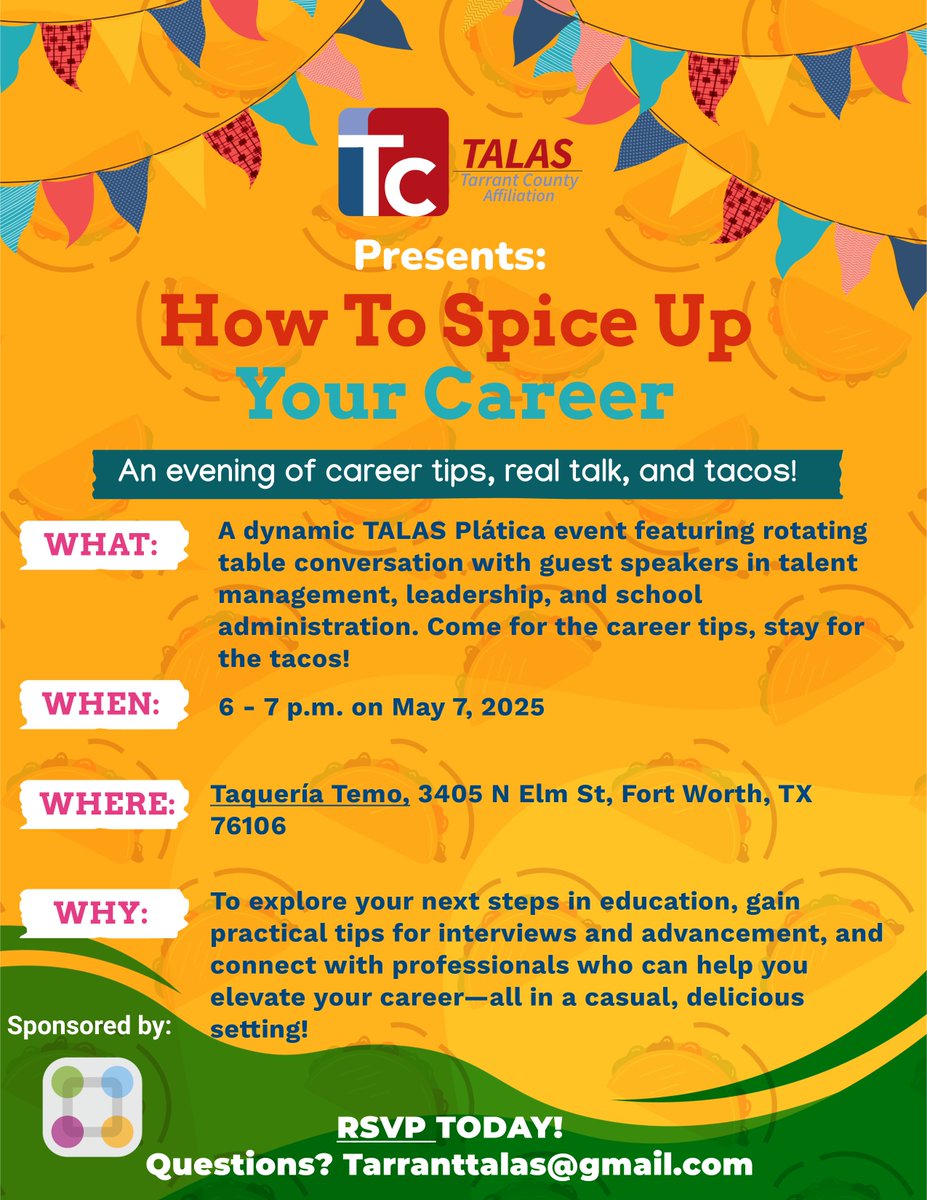 🌶️ Ready to spice up your career?

We’ve got the tacos and the career-boosting tips you need! Join us for the next TALAS Plática — an exciting evening of rotating table talks, networking, and expert advice.
🎟️ Spots are limited – RSVP now:
 forms.gle/y4RwY5FL95X5ap…