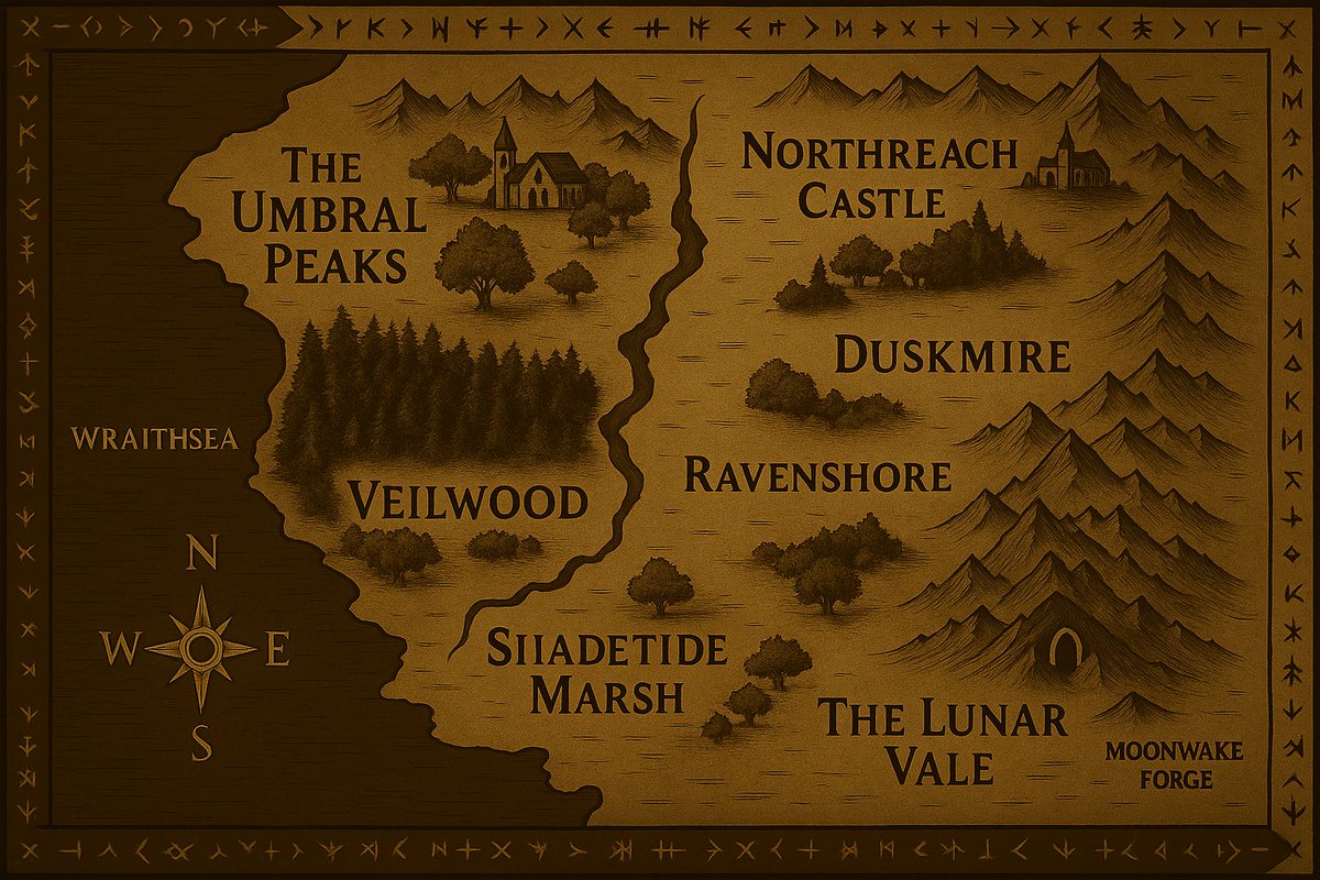 The map resurfaced under a moonless sky, etched in ash and sealed with forgotten runes.
 Veilwood, Duskmire, Northreach—each name a fragment of something older, something forgotten.
No one remembers who first walked the path.
But something waits beyond The Lunar Vale.
The