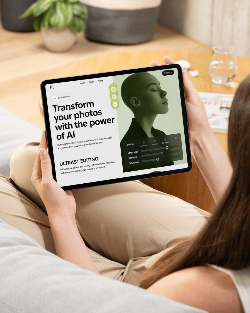 codeforkal's tweet image. A sleek and modern landing page design for an AI-powered photo editing platform, featuring a hero section with bold typography and interactive editing tools, followed by extended sections on background removal and personalized filter options.