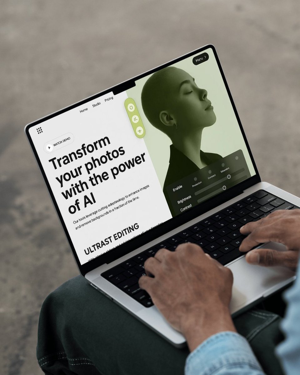 codeforkal's tweet image. A sleek and modern landing page design for an AI-powered photo editing platform, featuring a hero section with bold typography and interactive editing tools, followed by extended sections on background removal and personalized filter options.