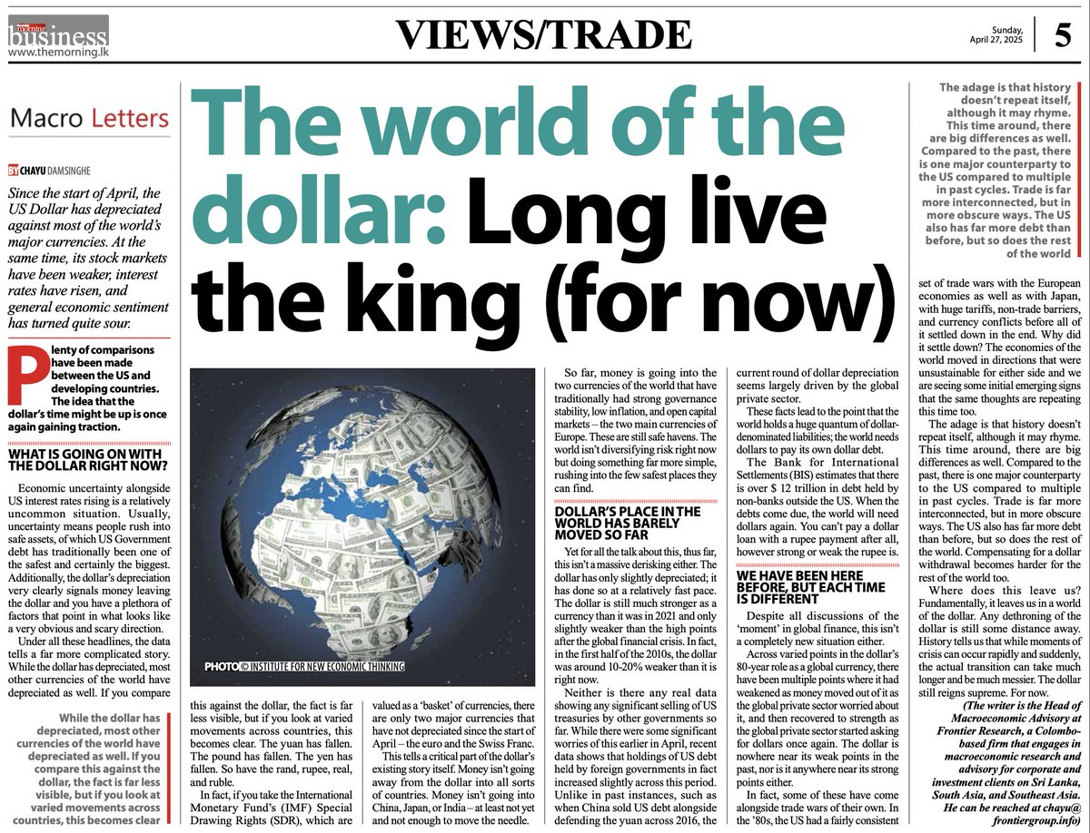 Frontier Research SL (@frontierressl) on Twitter photo In Macro Letters, a new column for <a href="/TheMorningLK/">The Morning</a>, <a href="/ChayuDamsinghe/">Chayu Damsinghe</a>, Frontier's Head of Macroeconomic Advisory, writes on the global dollar’s resilience — and the quiet forces that could, over time, diminish its dominance. In Macro Letters, a new column for <a href="/TheMorningLK/">The Morning</a>, <a href="/ChayuDamsinghe/">Chayu Damsinghe</a>, Frontier's Head of Macroeconomic Advisory, writes on the global dollar’s resilience — and the quiet forces that could, over time, diminish its dominance.