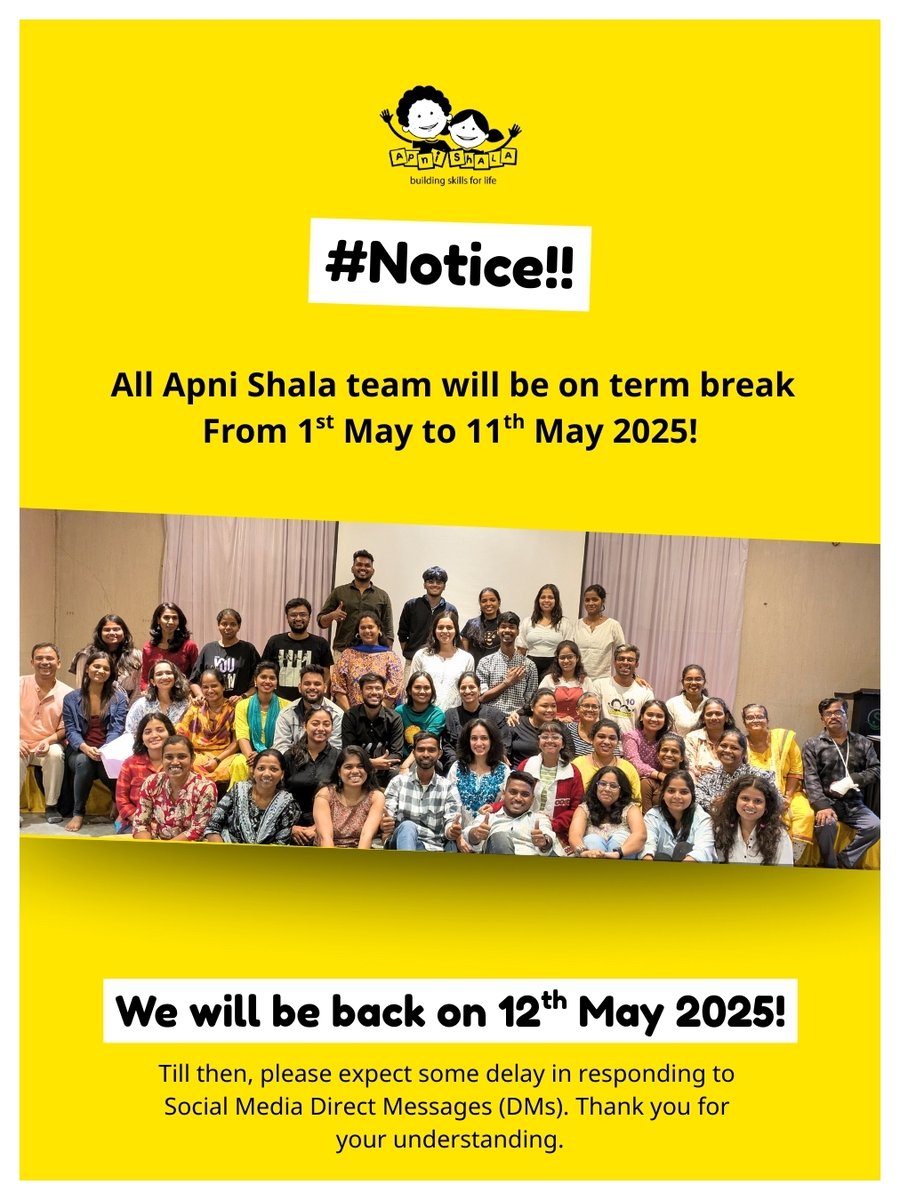 ApniShala's tweet image. School Year comes to an end! Our team members will be on term break. Rest up, recharge, and let the good times roll. We will see you on 12th May, 2025!

If you contact us during this time, there might be a slight delay in response. 

#TermBreak
