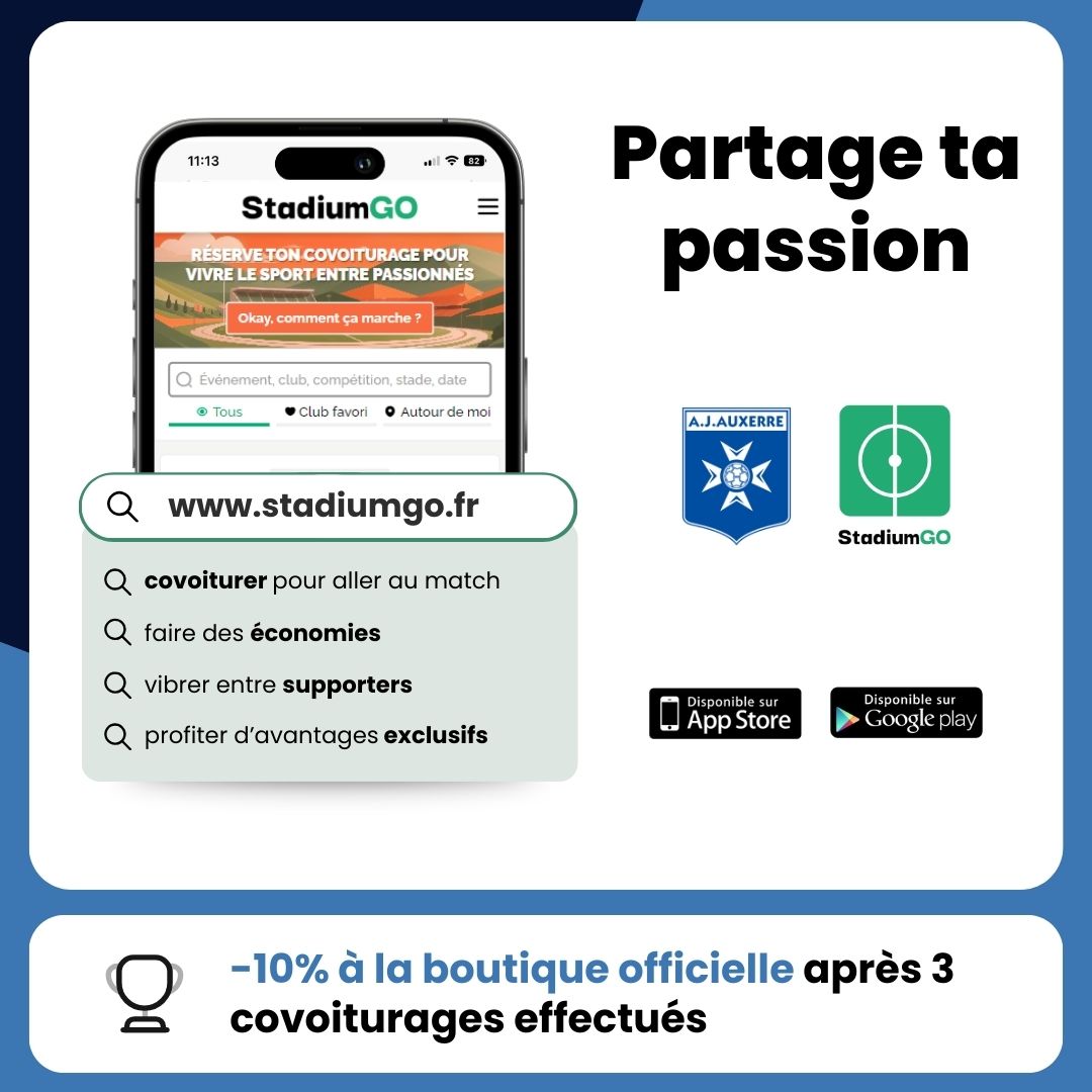 AJ Auxerre (@aja) on Twitter photo ๐ ๐ถ๐ ๐๐ ๐๐ ๐๐๐๐
๐ ๐๐๐๐๐๐๐๐ ? ๐ค
Trouvez ou proposez votre covoiturage pour venir ร l'Abbรฉ Deschamps avec d'autres membres de la #TeamAJA sur <a href="/stadiumgo/">StadiumGO</a> ๐ bit.ly/covoiturage-aja
๐ Une rรฉduction est offerte ร la boutique aprรจs 3โฃ rรฉservations ๐ ๐ถ๐ ๐๐ ๐๐ ๐๐๐๐
๐ ๐๐๐๐๐๐๐๐ ? ๐ค
Trouvez ou proposez votre covoiturage pour venir ร l'Abbรฉ Deschamps avec d'autres membres de la #TeamAJA sur <a href="/stadiumgo/">StadiumGO</a> ๐ bit.ly/covoiturage-aja
๐ Une rรฉduction est offerte ร la boutique aprรจs 3โฃ rรฉservations