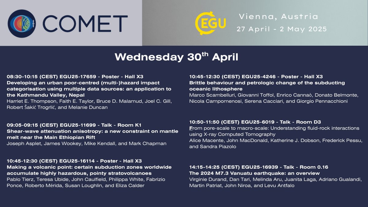 It's day 3 at European Geosciences Union (EGU) 2025 and <a href="/NERC_COMET/">UK COMET</a> has another exciting day ahead!

You can check out the full hashtag#EGU25 programme on the EGU website egu25.eu
