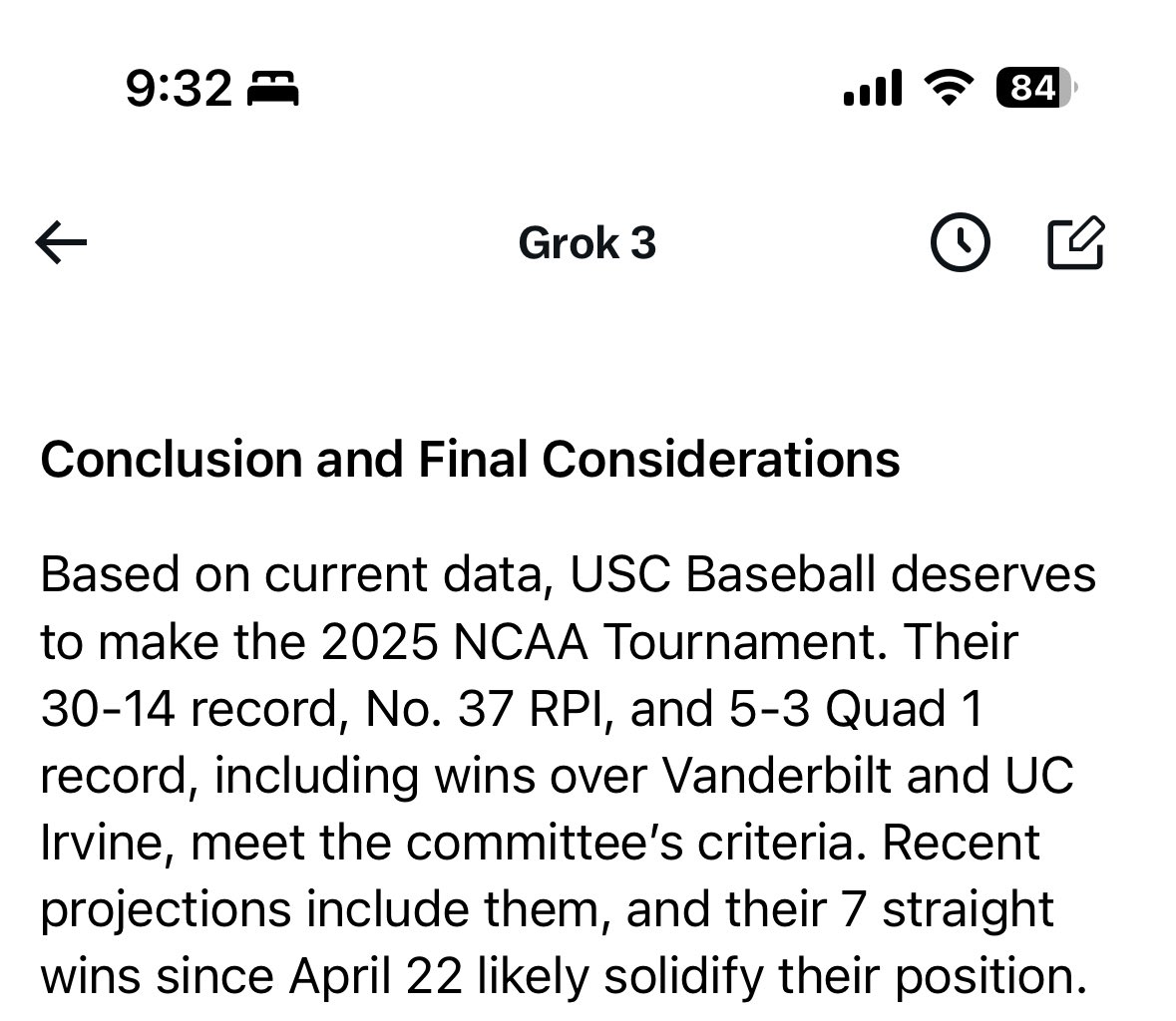 Dear Selection Committee, 

Vanderbilt knows. UC Irvine knows. Arizona State knows. The Big Ten knows. 

And most importantly, Grok knows. 

The Trojans are a tournament team. 

✌️