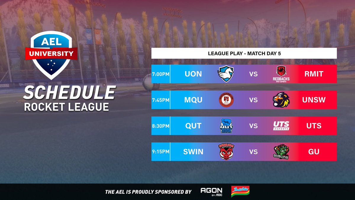 Australian Esports League (@auesportsleague) on Twitter photo Continuing on with Week 5 of the AEL University Elite Series we have more Rocket League!
π΄ Live from 6:45PM AEST
πΊ twitch.tv/auesportsleague
ποΈ <a href="/Mattse123/">MattSe</a> & <a href="/TwoTapTony/">Tony</a>
π¬ <a href="/BkWhatOCE/">Bk</a> & <a href="/4ngrymanRL/">4ngryman</a>
Match Schedule
7PM <a href="/uonesportsclub/">University of Newcastle Esports Club</a> vs <a href="/RMITesports/">RMIT Esports & Games</a>
7:45PM <a href="/MQUGaming/">Macquarie Uni Esports</a> vs Continuing on with Week 5 of the AEL University Elite Series we have more Rocket League!
π΄ Live from 6:45PM AEST
πΊ twitch.tv/auesportsleague
ποΈ <a href="/Mattse123/">MattSe</a> & <a href="/TwoTapTony/">Tony</a>
π¬ <a href="/BkWhatOCE/">Bk</a> & <a href="/4ngrymanRL/">4ngryman</a>
Match Schedule
7PM <a href="/uonesportsclub/">University of Newcastle Esports Club</a> vs <a href="/RMITesports/">RMIT Esports & Games</a>
7:45PM <a href="/MQUGaming/">Macquarie Uni Esports</a> vs