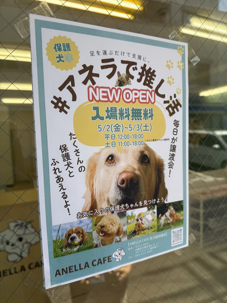保護犬ふれあいカフェANELLA川崎（稲田堤）店が5/2にOPENします✨

シャンプー・トリミングも出来ます。
わんちゃん🐶好きの皆様、是非川崎に遊びにいらしてください！

▼ Instagram
instagram.com/anella_cafe_in…