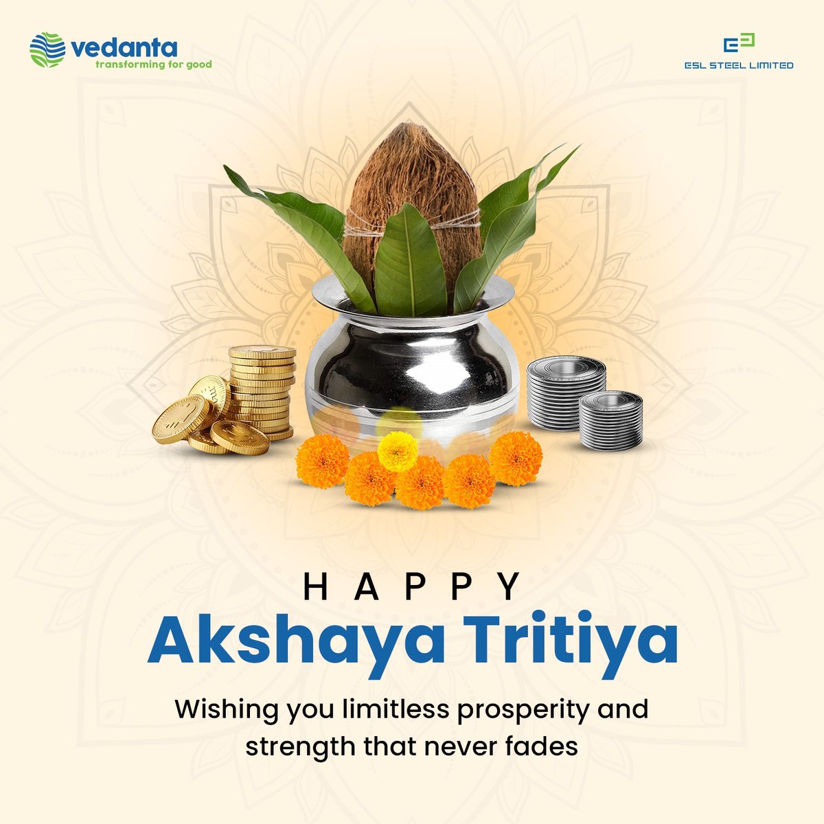 This Akshaya Tritiya, ESL Steel Limited wishes you limitless prosperity and unfading strength. May this auspicious day bring success and growth to your life.

#AkshayaTritiya #ProsperityAndStrength #ESLCares #TransformingForGood