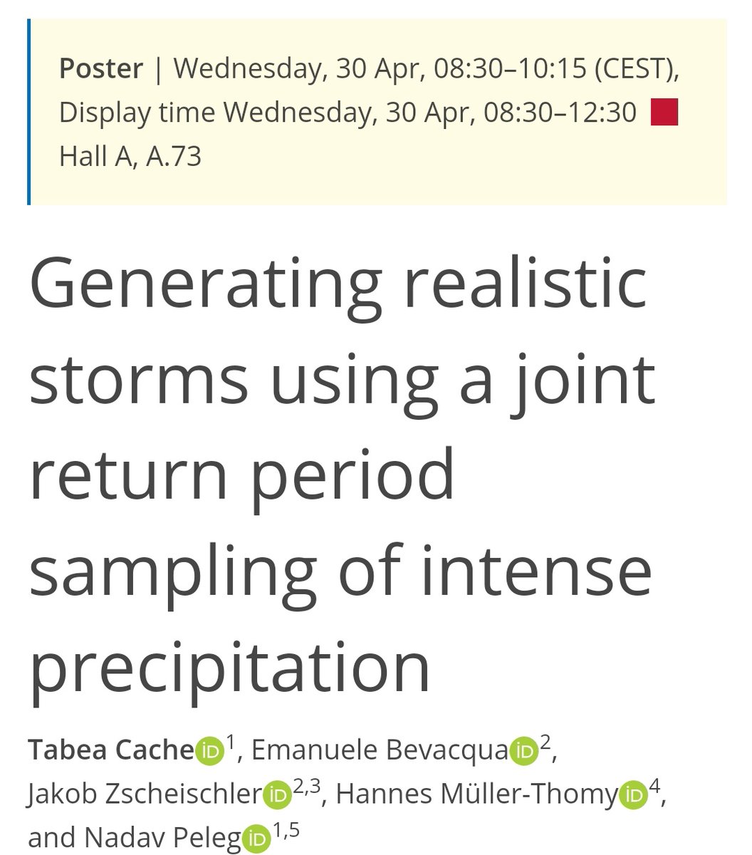 Don't miss our poster today at #EGU25 presented by Tabea Cache: "Generating realistic storms using a joint return period sampling of intense precipitation" - definitely worth a visit! 🌧
meetingorganizer.copernicus.org/EGU25/EGU25-59…