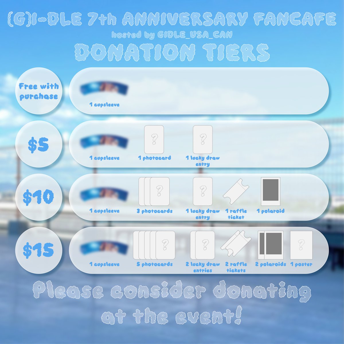 idle_usa_can's tweet photo. A friendly reminder on the donation tiers and drink menu for our (G)I-DLE 7th Anniversary Fancafe!

We'll be @thebbtshop from 12 pm to 6 pm on May 3, 2025! Please join us for lucky draws, raffle prizes and lots of (G)I-DLE fun as we celebrate their anniversary. Hope to see you there!

#miyeon #minnie #soyeon #yuqi #shuhua #gidle #gidlesale #kpop #kpopevent #vancouver #vancouverevents #fancafe #gidletrade #gidlewts #gidlewtt #gidledebut #gidleanniversary #fanevent #cupsleeveevent #gidlecuspleeve #vancouvercupsleeve #kpopcupsleeve
