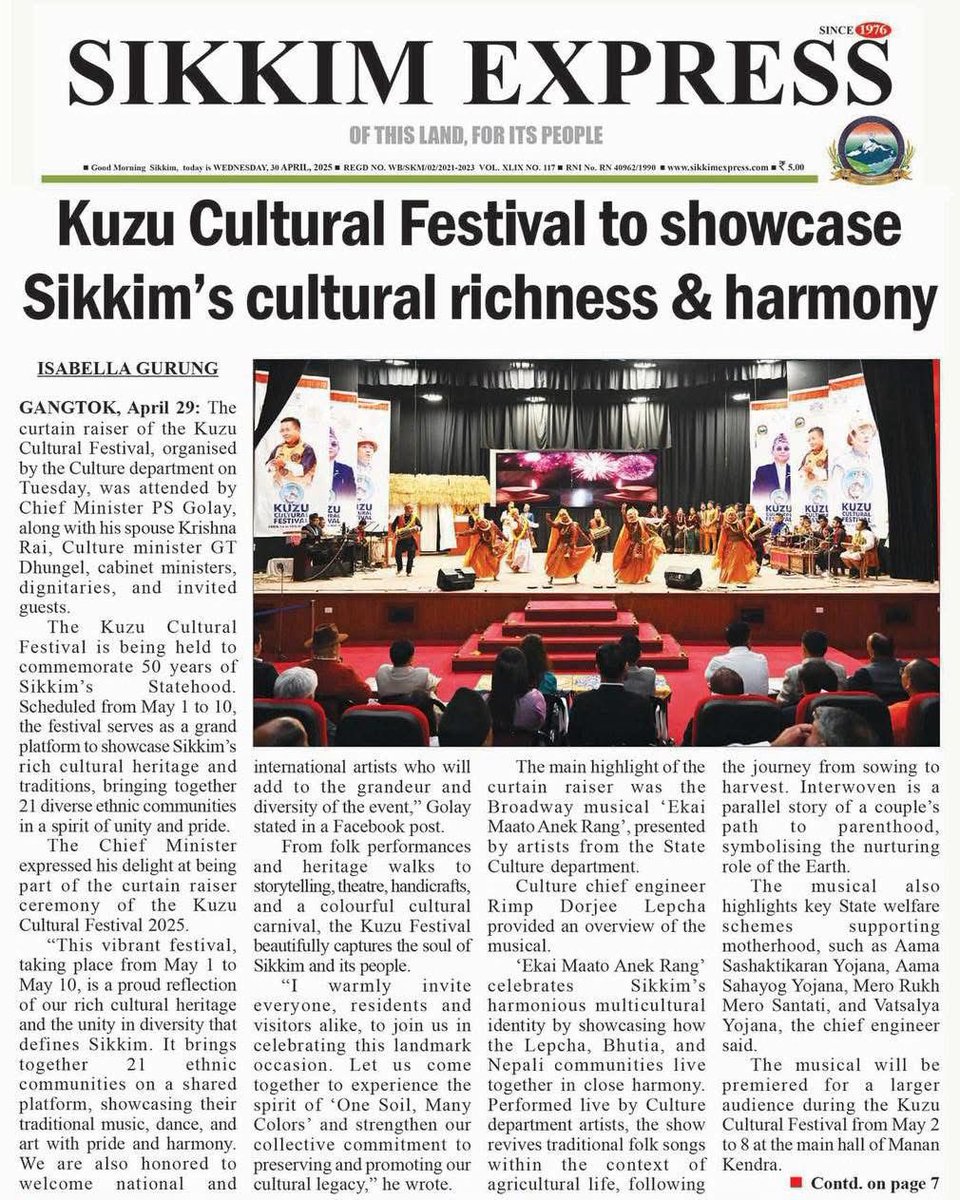 The Kuzu Cultural Festival is being held to commemorate 50 years of Sikkim's Statehood. Scheduled from May 1 to 10.

sikkimexpress.com/news-details/k…