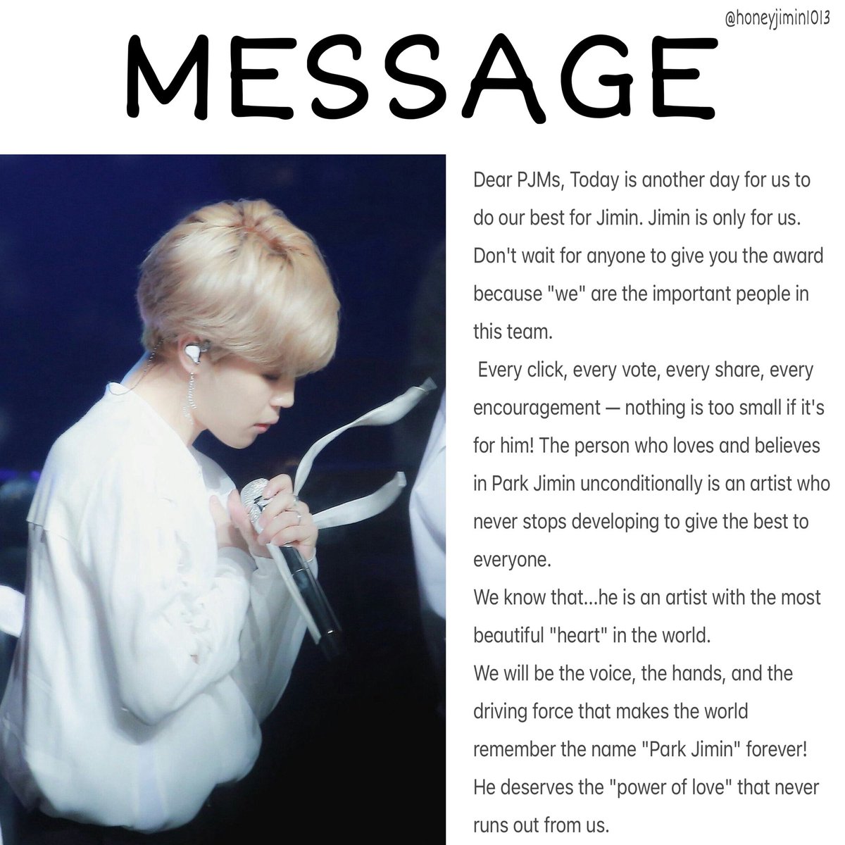 HoneyJimin1013's tweet image. Last 2 hours of TURBO TUESDAY 

VOTE VOTE VOTE    🗳️    

วันนี้ก็มาเต็มที่กันเถอะ !!! ทีมจีมิน  
#AMAs #JIMIN #PJMs