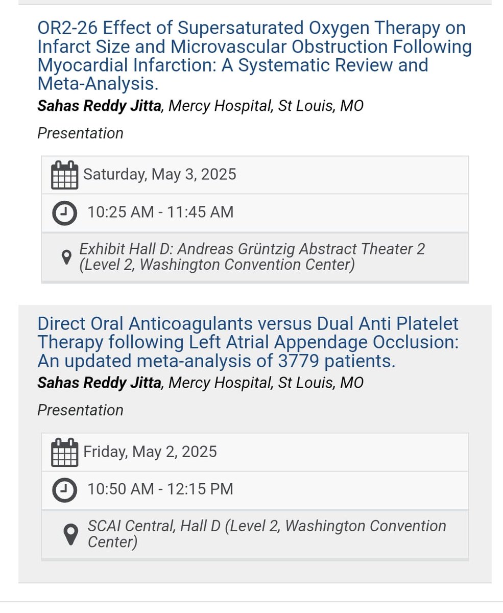 lshanmukh05's tweet photo. Excited to share that our abstracts are being presented as oral and poster presentations #SCAI2025! 🫀
Meet our incredible team & presenters —Sahas Jitta, Kesar Prajapati, and @MohamedDomaa
📅 May 1–3, 2025
📍Washington, D.C.
#SCAI2025 #SCAINews #SCAITV #Cardiology https://t.co/ISiYVT5AEZ