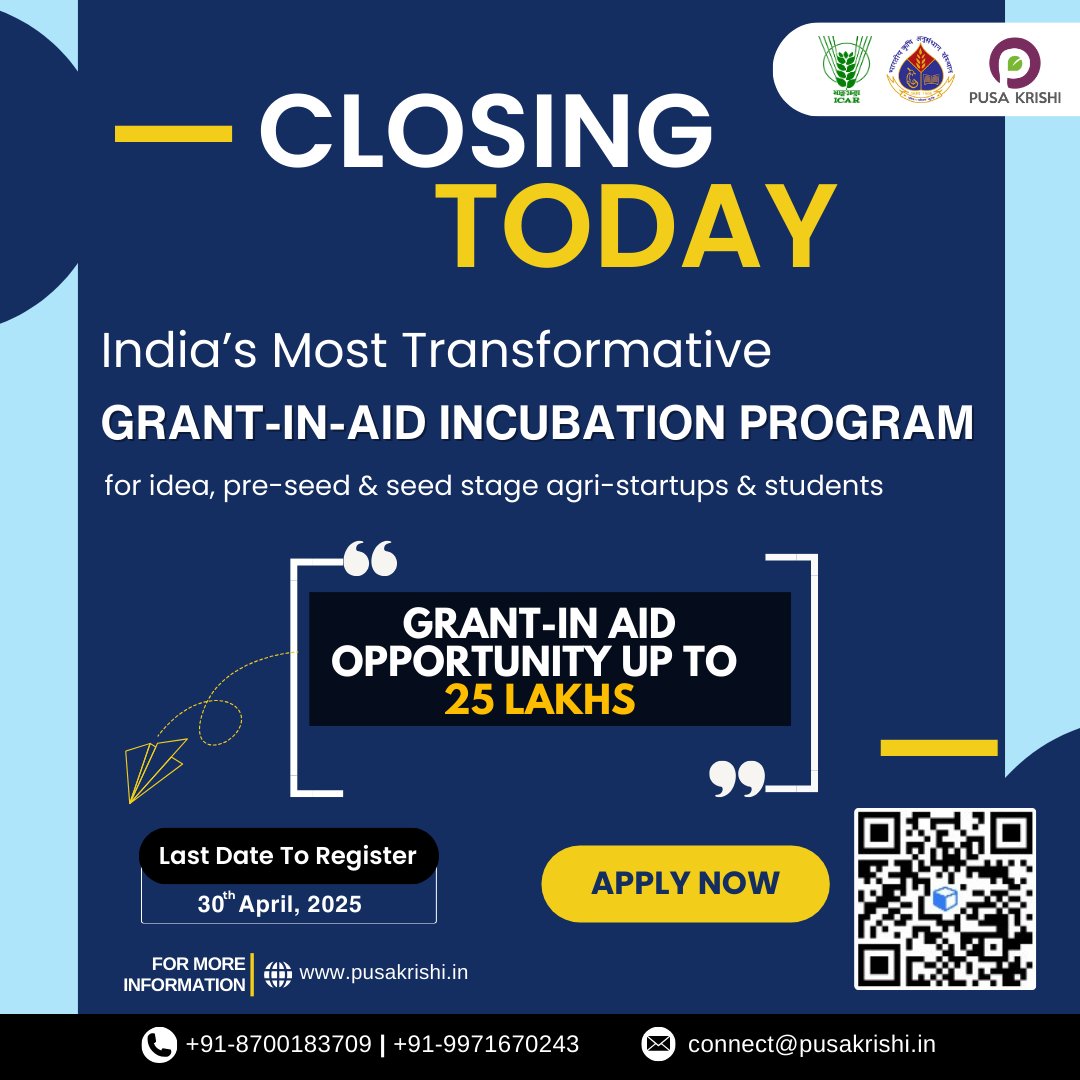 Last chance to apply for the UPJA &amp; ARISE programs! 🚀
Applications close TODAY – so hurry up!

Register Here - pusakrishi.accubate.app/ext/form/3395/…

#AgriStartups #StartupIncubation #StartupFunding #StartupSupport