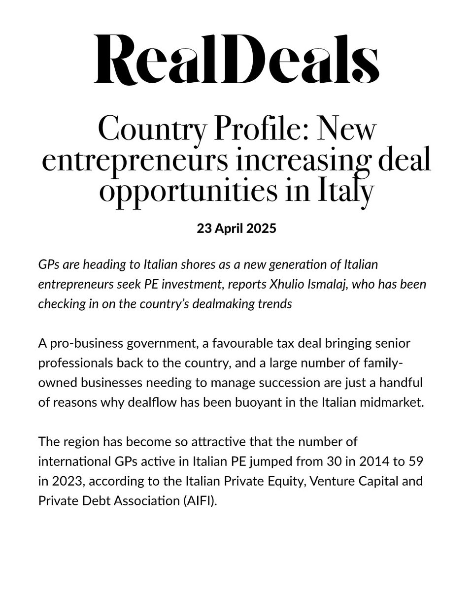 Quadrivio Group (@quadriviogroup) on Twitter photo I GP sono sempre più attratti dall'Italia per investimenti in #PrivateEquity. <a href="/WalterRicciotti/">Walter Ricciotti</a> - CEO #QuadrivioGroup - parla di come si stia tornando alla normalità dopo la bolla post-Covid e un 24 difficile.
*
Fonte: Real Deals - 23.04.2025
**
shorturl.at/aLyBE I GP sono sempre più attratti dall'Italia per investimenti in #PrivateEquity. <a href="/WalterRicciotti/">Walter Ricciotti</a> - CEO #QuadrivioGroup - parla di come si stia tornando alla normalità dopo la bolla post-Covid e un 24 difficile.
*
Fonte: Real Deals - 23.04.2025
**
shorturl.at/aLyBE