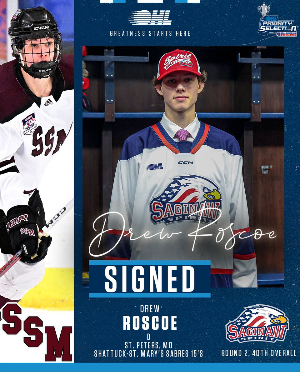 The <a href="/SpiritHockey/">Saginaw Spirit</a> have signed second round 2025 #OHLDraft pick Drew Roscoe, a 6-foot-6 defenceman out of Shattuck-St. Mary's to an #OHL Scholarship and Development Agreement.

DETAILS ✍️: tinyurl.com/36z827tt