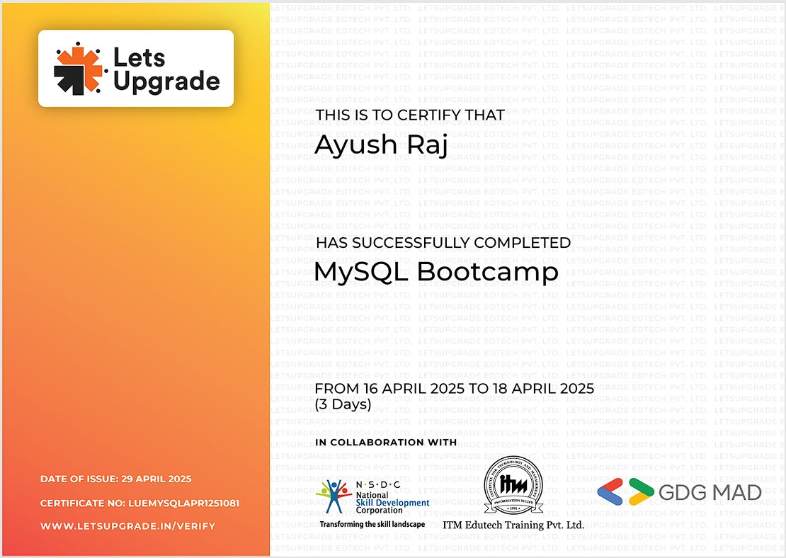 ayush_innovates's tweet image. 📢 Just wrapped up a 3-day MySQL Bootcamp with LetsUpgrade, in collaboration with NSDC and ITM Edutech.
Gained hands-on experience in writing queries, managing databases, and understanding relational database concepts.
#MySQL #LetsUpgrade #SQLBootcamp