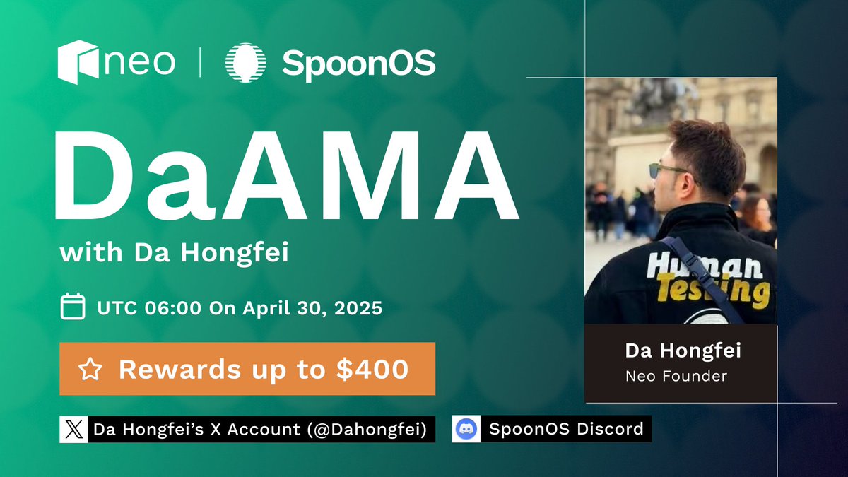 dahongfei's tweet photo. I'm Da Hongfei, LIVE for my first #DaAMA!

Ask me anything about #SpoonOS, #Neo, or anything else!

The four best questions win $100 in $NEO each—$100 for the best pre-submitted and live questions on X and Discord.

Live questions here 👇 or on Discord: 
https://t.co/998dChBht8 https://t.co/TE4sFZSaQa