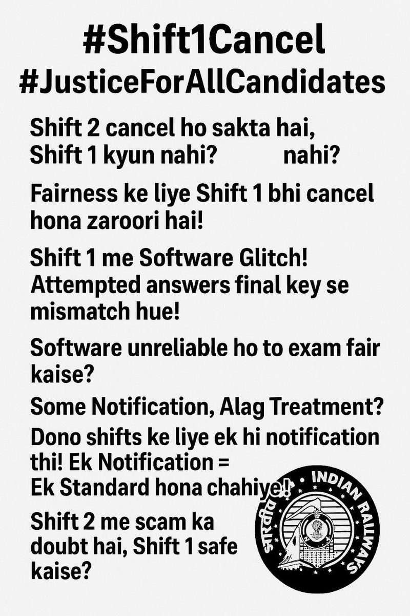 VijaySi11236218's tweet photo. If there was an error in the software, how can Shift 1 be considered fair and transparent? This raises serious doubts on the integrity of the exam.
#Cancel_RRB_JE_CBT2
#Justice_For_Shift1_Candidates
#Reschedule_RRB_JE_CBT2 https://t.co/E3WKWHQegD