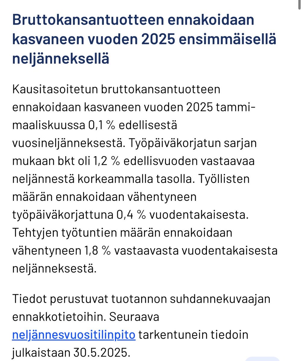 Suomen BKT kasvussa kuluvan vuoden ensimmäisellä neljänneksellä, kasvua 0,1 prosenttia edellisestä neljänneksestä.