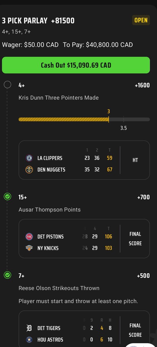 Cash the pairs too on these 3 plays. Dunn hitting 3 3s in 1st half allowed me to hedge a bag ✅️