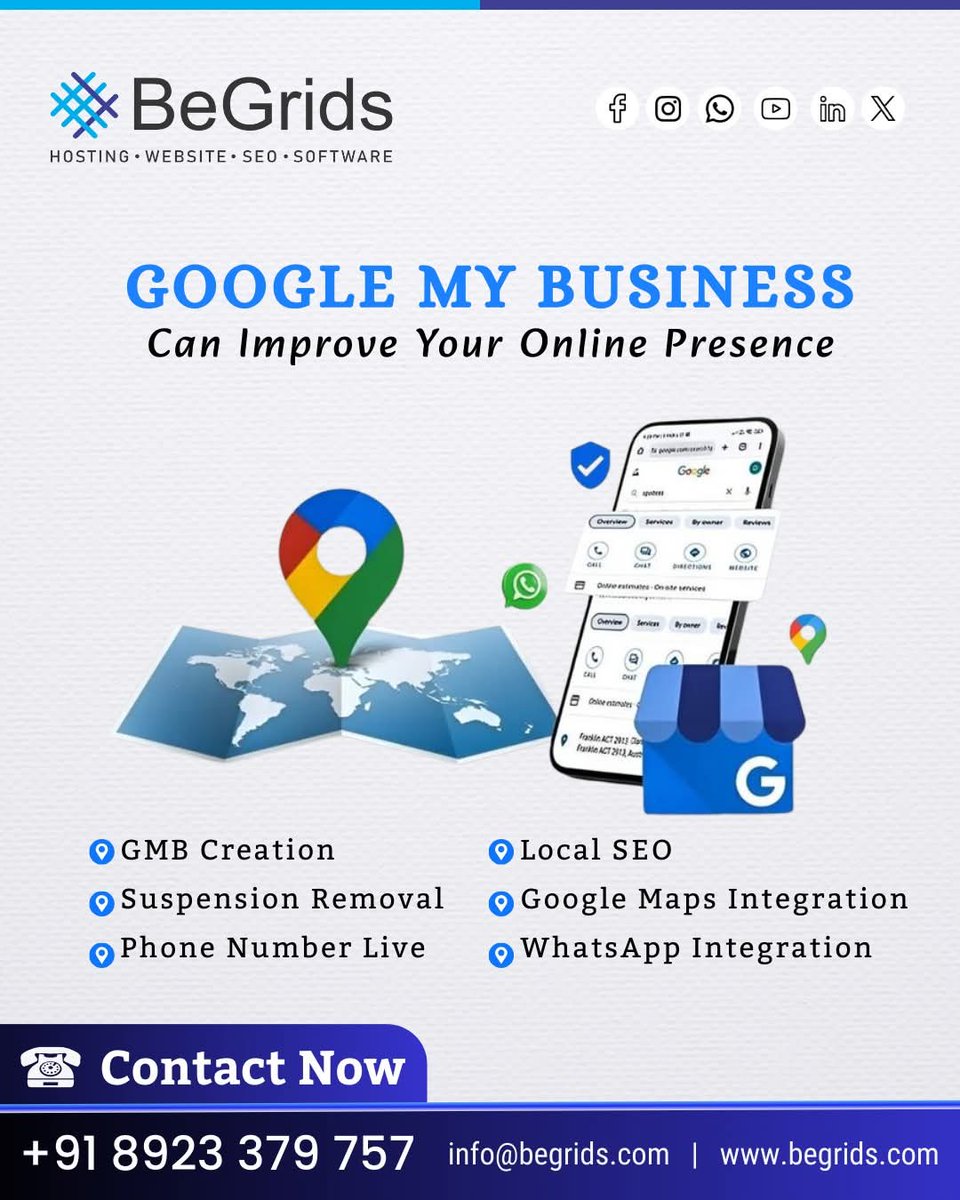 begrids's tweet photo. GOOGLE MY BUSINESS
Can Improve Your Online Presence

◉ GMB Creation 
◉ Suspension Removal 
◉ Phone Number Live 
◉ Local SEO 
◉ Google Maps Integration
◉ WhatsApp Integration

Call Now: 089233 79757
https://t.co/Svq3t0rQxM
#googlemybusiness #googlemybusinesstips #googlemy https://t.co/kDXjiK41oD