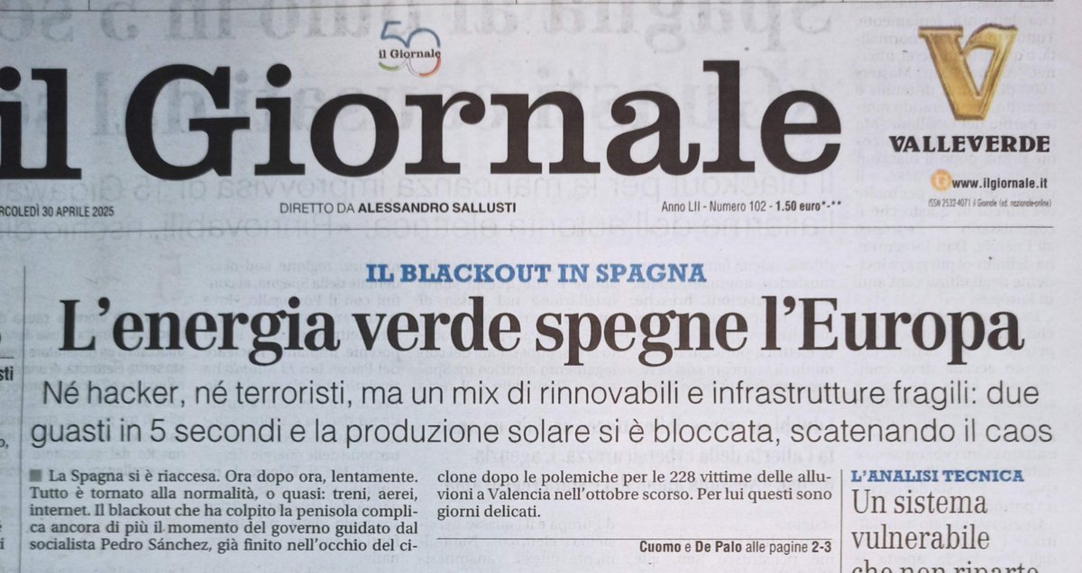 Imbarazzante <a href="/ilgiornale/">ilGiornale</a>....
🔸 le #rinnovabili NON 'spengono' l'Europa;
🔸le reti NON sono fragili, sono operate SEMPRE con AMPIO margine di sicurezza e devono resistere anche ad attacchi terroristici;
🔸in 🇪🇸 rete GESTITA male (prb sistemi automatici protezione impostati male).