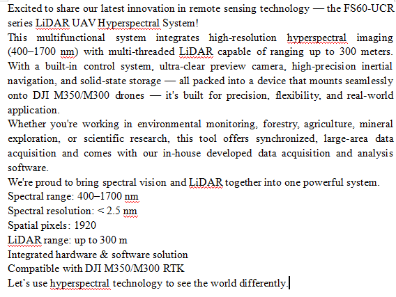 hangzhoucaipu's tweet photo. the FS60-UCR series LiDAR UAV Hyperspectral System!!!!!!!!
Learn more: https://t.co/TCNGQFCfbt https://t.co/Q4bGPLnOZc