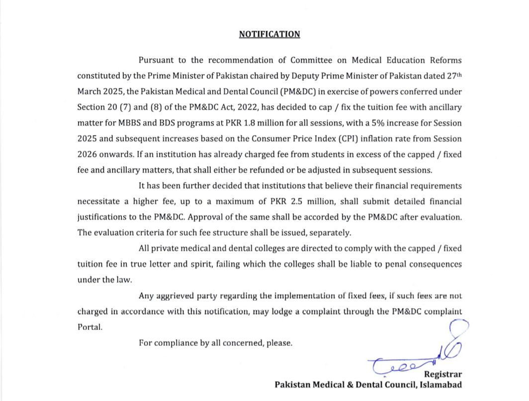 ilmkidunya's tweet image. پی ایم ڈی سی نے پرائیویٹ میڈیکل کالجز کے لیے کم از کم فیس 18 لاکھ روپے مقرر کر دی ہے۔
اب پرائیویٹ میڈیکل کالجز سیشن 2025 سے 5 فیصد اضافی رقم لے سکیں گے۔ اگر کالج زیادہ اخراجات کا ثبوت دیں تو وہ فیس 25 لاکھ روپے تک بڑھا سکتے ہیں۔

#PMDC #Medical #MedicalStudents #ilmkidunya