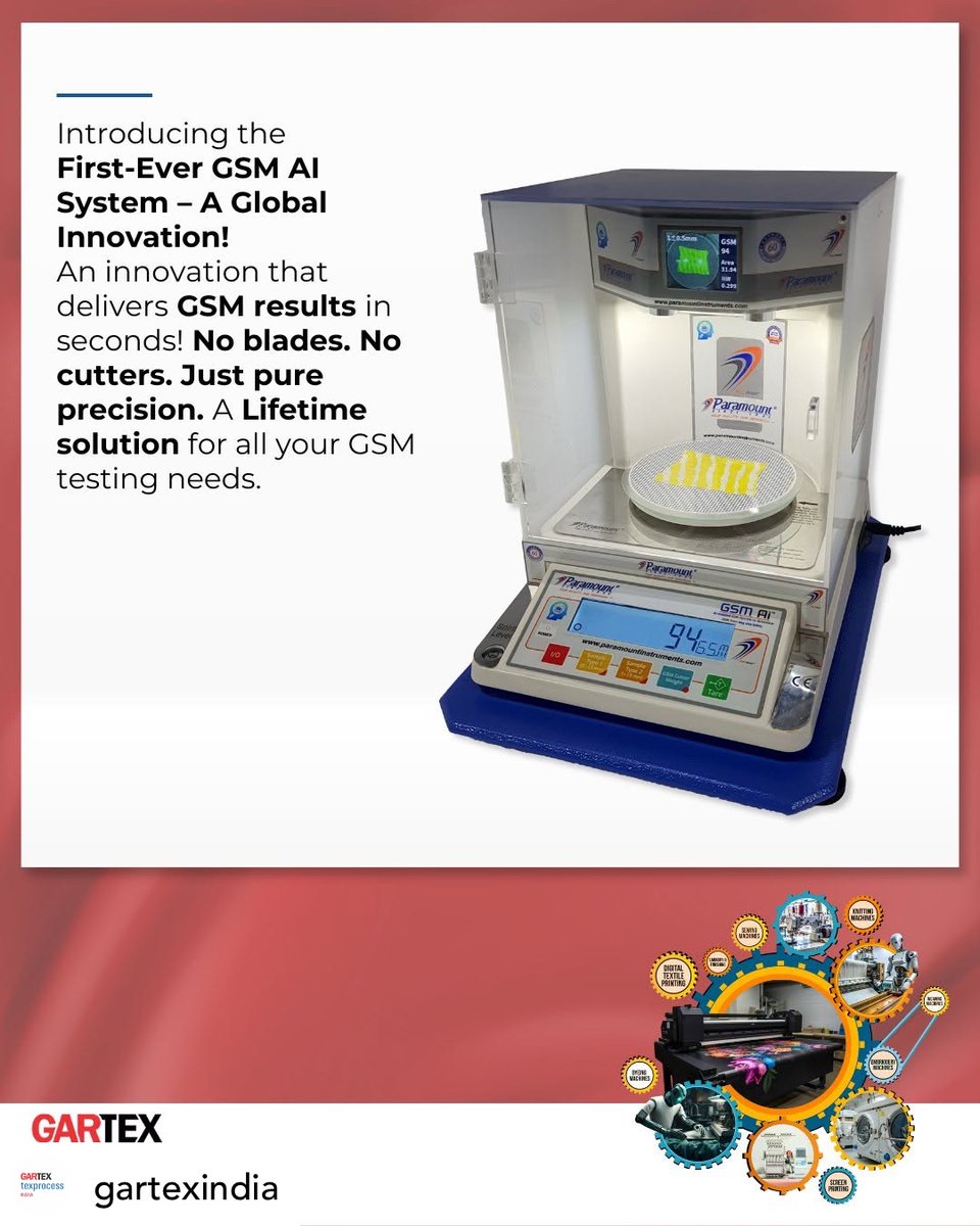 Paramount1964's tweet image. 🚀 Mumbai, are you ready?
Catch Us at @gartex_india  2025!
🧪 i11 Tensile Tester – precision redefined
🤖 AI-powered GSM Tester – no blades, no errors

📍 Booth F22 | Jio World Centre
🗓 22-24 May
#TextileInnovation #AIinTextiles #GSMai #QualityControl