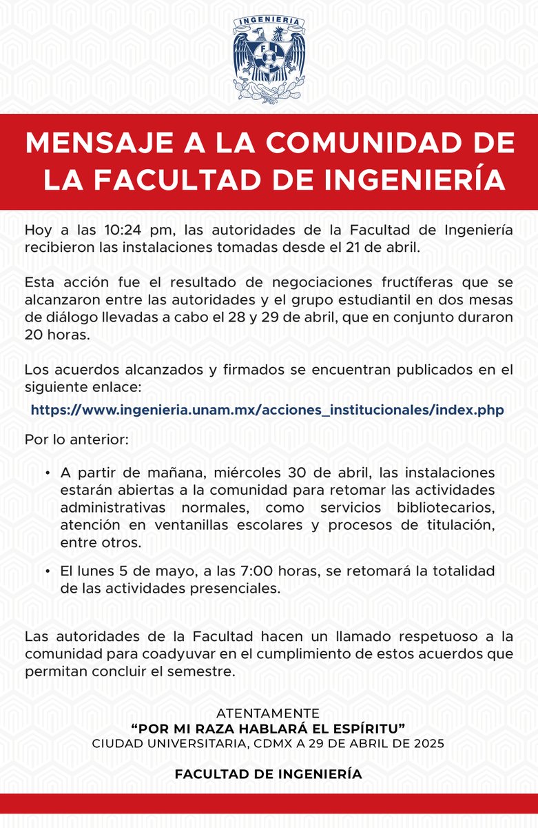 Ingeniería UNAM (@fiunam_mx) on Twitter photo Mensaje a la comunidad de la Facultad de Ingeniería. Respuesta al pliego: ingenieria.unam.mx/acciones_insti…
<a href="/die_fi_unam/">División de Ingeniería Eléctrica</a> <a href="/DICT_FIUNAM/">División de Ingeniería en Ciencias de la Tierra</a> <a href="/dicyg/">DICyG - FI</a> <a href="/DIMEIFIUNAM/">DIMEIFIUNAM</a> <a href="/uatUnam/">Unidad de Alta Tecnología</a> <a href="/SocialesyHum_FI/">DCSyH FI UNAM</a> Mensaje a la comunidad de la Facultad de Ingeniería. Respuesta al pliego: ingenieria.unam.mx/acciones_insti…
<a href="/die_fi_unam/">División de Ingeniería Eléctrica</a> <a href="/DICT_FIUNAM/">División de Ingeniería en Ciencias de la Tierra</a> <a href="/dicyg/">DICyG - FI</a> <a href="/DIMEIFIUNAM/">DIMEIFIUNAM</a> <a href="/uatUnam/">Unidad de Alta Tecnología</a> <a href="/SocialesyHum_FI/">DCSyH FI UNAM</a>