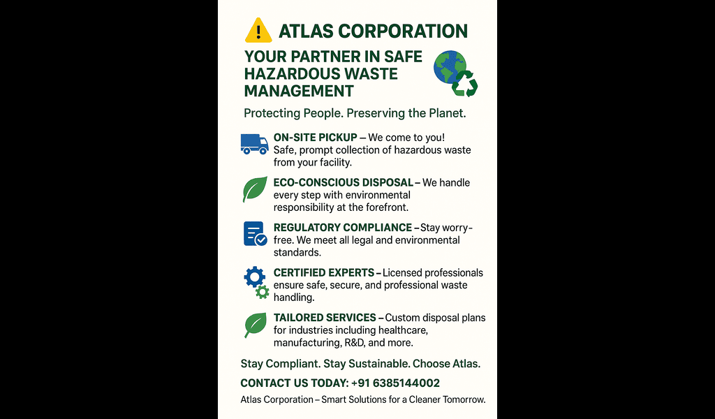 Atlas Corporation – Your Trusted Partner in Hazardous Waste Management 📷📷
Comprehensive Solutions for Safe and Sustainable Disposal...
#hazardouswaste #wastemanagement #EcoFriendlyDisposal #SustainableSolutions #ComplianceGuaranteed #SafeWasteManagement #WasteDisposalExperts