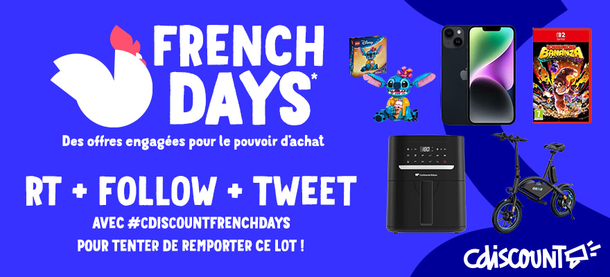 Cdiscount's tweet image. 🎁 CONCOURS FRENCH DAYS 🇫🇷
Un airfryer 🍟
Un LEGO Stitch 🧱
Un vélo électrique 🛴
Un jeu Nintendo Switch 2 🎮
Un iPhone 14 reconditionné📱
Bref… un méga lot à gagner :
🔁 RT
👀 Follow @Cdiscount
💬 TWEET avec #CdiscountFrenchDays
🍀 TAS 5/05
*Les journées à la française