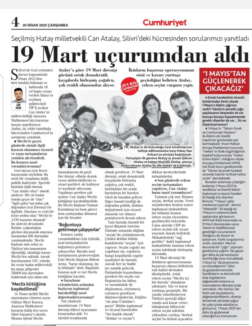 Cumhuriyet gazetesinden Can Uğur' un sorularını cevapladım.

Röportajın tamamına aşağıdaki linkten ulaşabilirsiniz.
---------

●     Bu aşamada yapılması gereken çok açıktır: Can Atalay Meclis Kütüğü’ne kaydedilmelidir. Bu işlem Meclis Başkanı Numan Kurtulmuş’un hem görevi hem