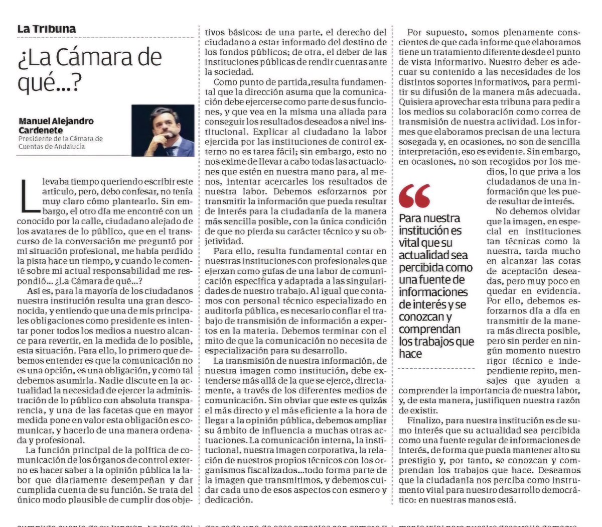 Cámara de Cuentas de Andalucía (@camaracuentas) on Twitter photo 📰 Artículo del presidente de la <a href="/CamaraCuentas/">Cámara de Cuentas de Andalucía</a>, <a href="/macarflo/">Manuel Alejandro Cardenete</a>, publicado en los diarios Viva, del grupo Información, sobre la importancia de la comunicación sistematizada en los Órganos de Control Externo.
📌Fuente: Diario Viva 📰 Artículo del presidente de la <a href="/CamaraCuentas/">Cámara de Cuentas de Andalucía</a>, <a href="/macarflo/">Manuel Alejandro Cardenete</a>, publicado en los diarios Viva, del grupo Información, sobre la importancia de la comunicación sistematizada en los Órganos de Control Externo.
📌Fuente: Diario Viva